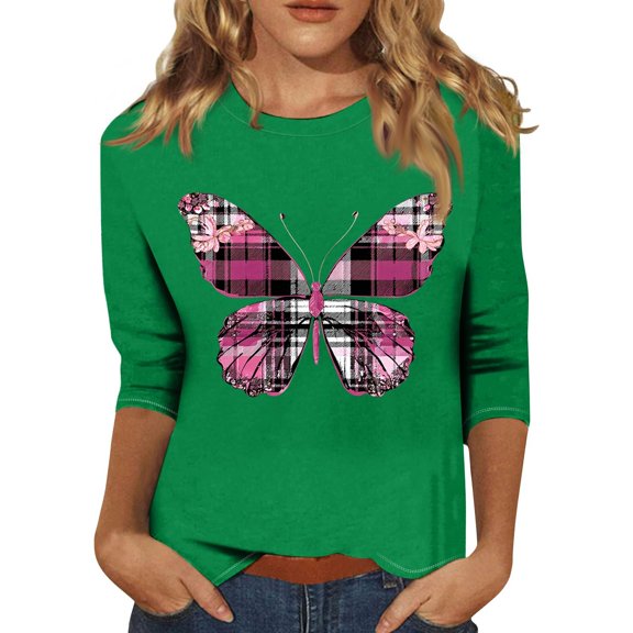 NAMTYQX Breast Cancer Awareness Shirts Pink Bow Print Three Quarter Sleeve Green Size M