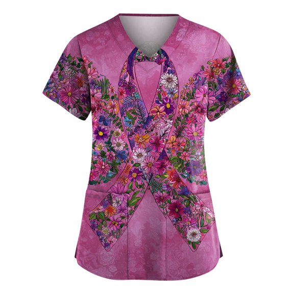 NAMTYQX Breast Cancer Awareness Shirts for Women Breast Cancer Scrub Top Purple Size L