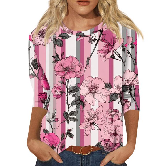 NAMTYQX Breast Cancer Awareness Shirts for Women Stretch Loose Fit 3/4 Sleeve Light Gray Size XL