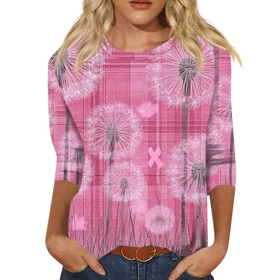 NAMTYQX Breast Cancer Awareness T-Shirts Pink Ribbon Print 3/4 Sleeve Multicolor Size L