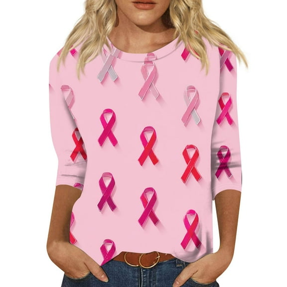 NAMTYQX Breast Cancer Shirts for Women Crewneck 3/4 Sleeve Loose Fit Floral Hot Pink Size 3XL