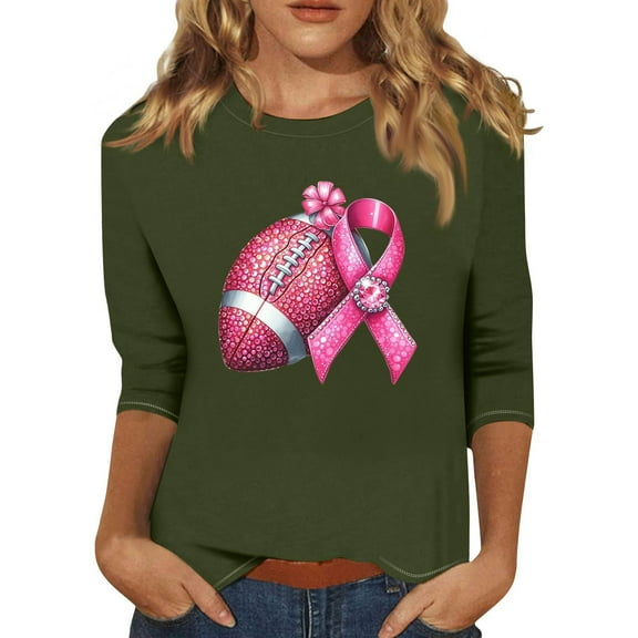 NAMTYQX Breast Cancer Tshirt Stretch Crew Neck 3/4 Length Sleeve Army Green Size L