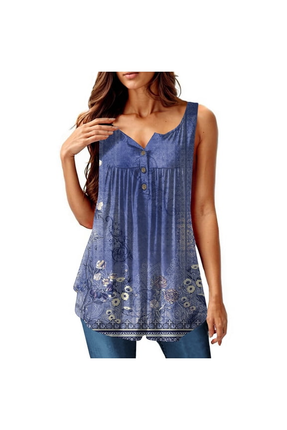 Business Casual Tops for Women Graphic Casual Plus Size Trendy Frill Button V Neck Sleeveless Shirts for Women Blue Size 2XL