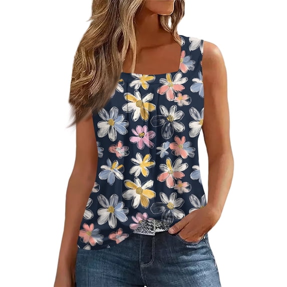 NAMTYQX Camisole Tops for Women Hip Sleeveless Casual Soft Square Neck Slim Pattern Wide Shoulder Straps Navy Size XL