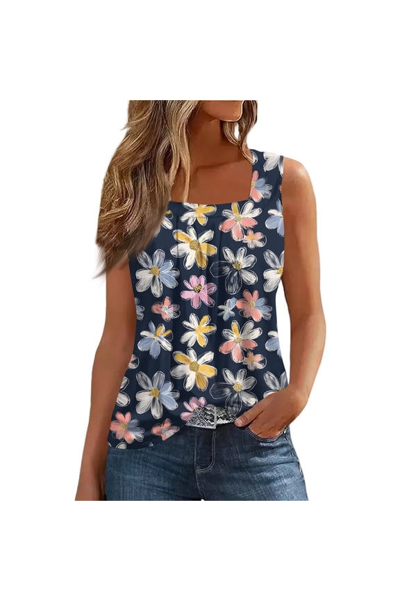 Camisole Tops for Women Hip Sleeveless Casual Soft Square Neck Slim Pattern Wide Shoulder Straps Navy Size XL