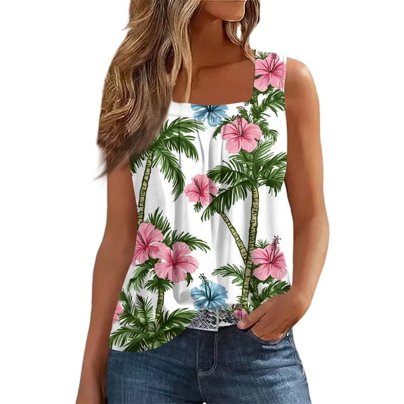 NAMTYQX Camisole Tops for Women Wide Shoulder Straps Slim Soft Patterned Trendy Casual Square Neck Sleeveless Green Size 2XL