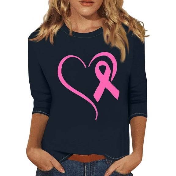 NAMTYQX Cancer Shirts for Women Floral 3/4 Sleeve Hip Round Neck Cool Navy Size XL