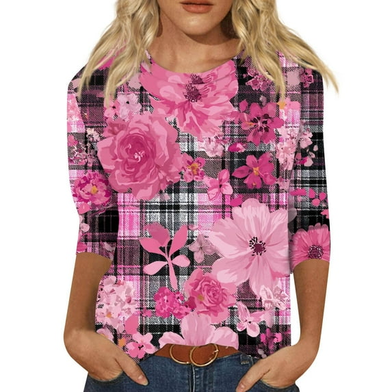 NAMTYQX Cancer Shirts for Women Pink Ribbon Print Lounge Boxy Fit 3/4 Sleeve Pink Size L