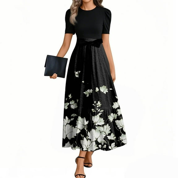 NAMTYQX Casual Summer Dresses for Women Chiffon Floral Elegant Short Sleeve Summer Wedding Guest Dress Black Size L