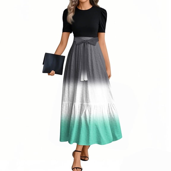 NAMTYQX Casual Summer Dresses for Women Floral Short Sleeve Chiffon Summer Maxi Dresses for Women 2025 Gray Size L