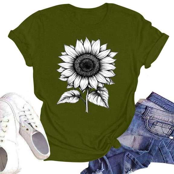 NAMTYQX Casual Tops for Women Graphic Fashion Scoop Neck Plus Size Stretch Soft Grafisches Short Sleeve Loose Womens Short Sleeve Tops Army Green Size M