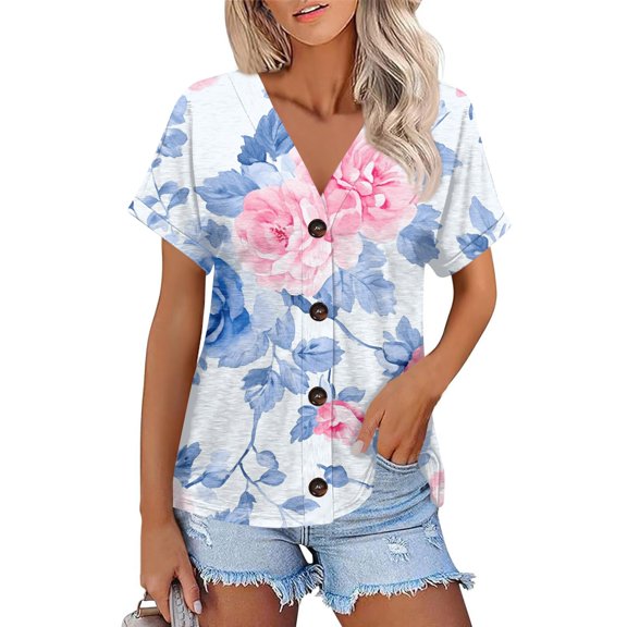 NAMTYQX Casual Tops for Women Button Down Open Front Plus Size Casual V Neck Short Sleeve Light Soft Fashion Loose Light Blue Size S