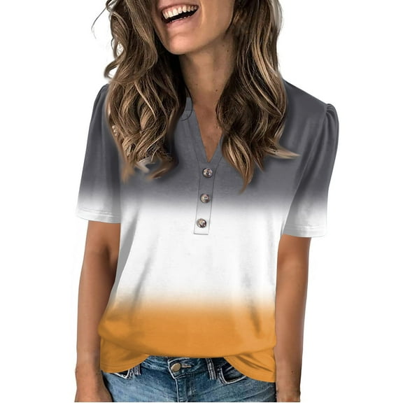 NAMTYQX Casual Tops for Women Loose Fit Short Sleeve Button V Neck Casual Comfort Trendy Plus Size Soft Gray Size 3XL