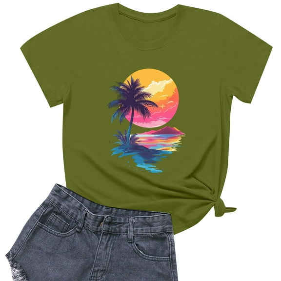 NAMTYQX Casual Tops for Women Loose Fit Short Sleeve Stretch Plus Size Print Cool Print Casual Crewneck Women's Blouses Army Green Size M