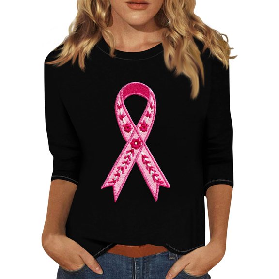 NAMTYQX Casual Tops for Women Loose Pink Ribbon Print Round Neck 3/4 Sleeve Black Size XL