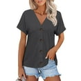 thumbnail image 1 of NAMTYQX Trendy Tops for Women 2025 Loose Soft Lightweight Solid Color Plus Size Short Sleeve Fashion Open Front V Neck Casual Dark Gray Size 3XL, 1 of 5