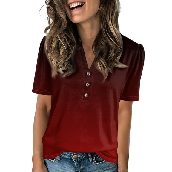 NAMTYQX Casual Tops for Women Trendy Plus Size Short Sleeve Loose Fit Comfort Casual Soft Button V Neck Wine Size XL