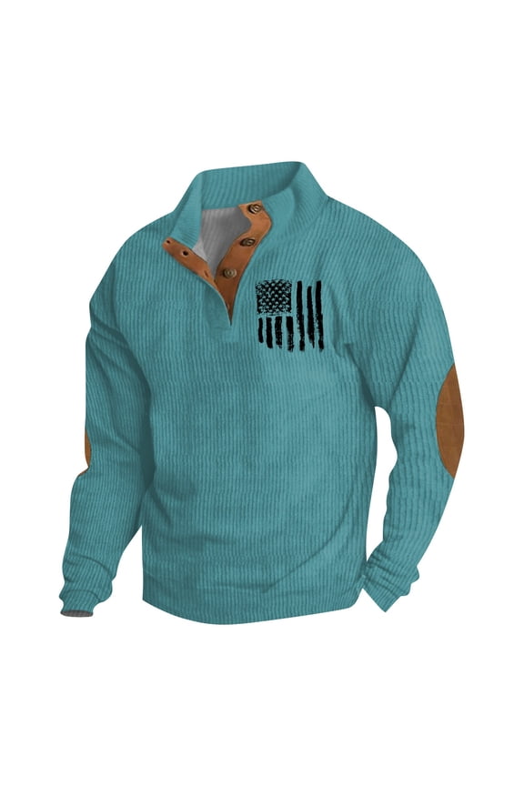 Corduroy Graphic Tees Men with Elbow Patch Pattern Casual Stand Collar Button Down Plus Size Cyan Size 2XL