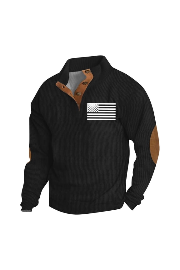 Corduroy Thermal Shirts for Men Casual Stand Collar Button Down Pattern with Elbow Patch Plus Size Black Size 4XL