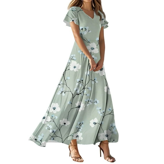 NAMTYQX Corset Dress for Women Chiffon Short Sleeve Floral Maxi Dress Elegant Dresses for Women 2025 Mint Green Size M