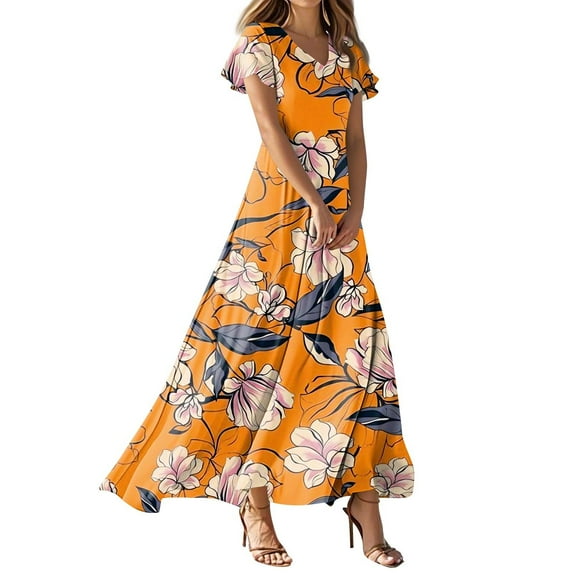 NAMTYQX Corset Dress for Women Chiffon V Neck Floral Short Sleeve Womens Dresses for Wedding Guest Orange Size M