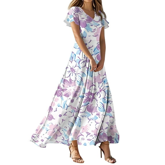 NAMTYQX Corset Dress for Women Short Sleeve Flower High Waist Boho V Neck Summer Maxi Dresses for Women 2025 Purple Size XS
