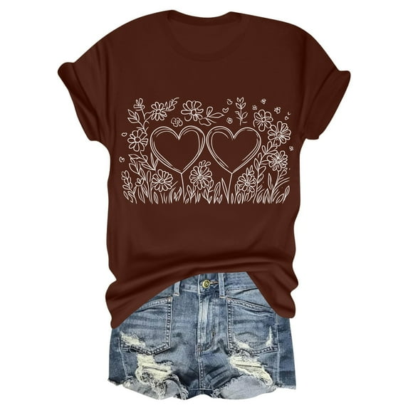 NAMTYQX Cute Shirts for Women Cool Fullprint Round Neck Loose Fitting Plus Size Short Sleeve Pattern Stretchy Cute Womens Oversized Tee Shirts Coffee Size L