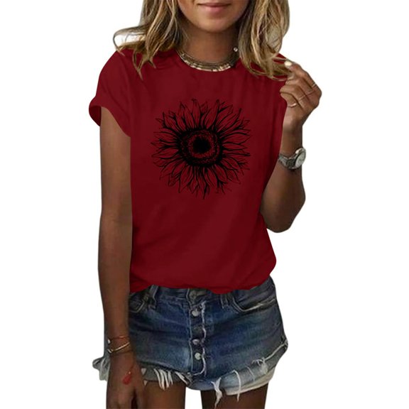 NAMTYQX Cute Shirts for Women Light Bedrucken Plus Size Breathable Baggy Classic Graphic Short Sleeve Scoop Neck Womens Short Sleeve Tops Wine Size 3XL