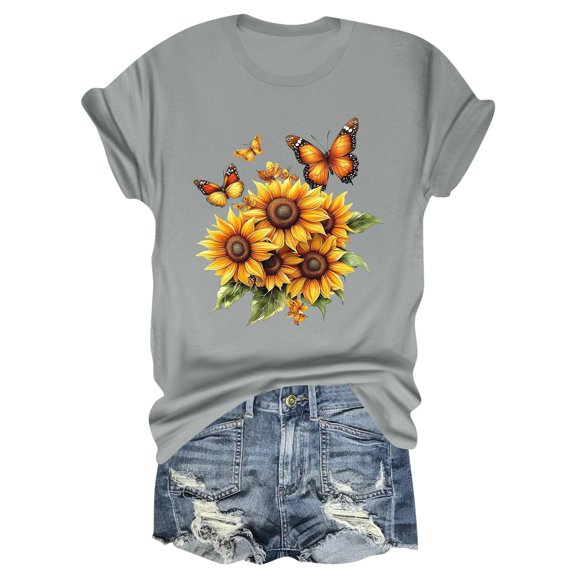 NAMTYQX Cute Shirts for Women Baggy Scoop Neck Muster Airoft Plus Size Light Short Sleeve Print Hip Womens Hawaiian Shirt Light Gray Size M