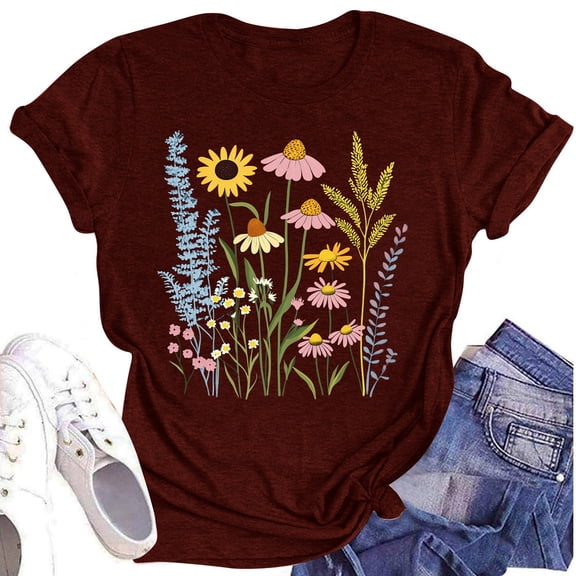 NAMTYQX Cute Shirts for Women Breathable Loose Muster Graphic Short Sleeve Hawaii Crewneck Stretch Oversize Tops for Women Trendy Wine Size XL