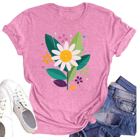 NAMTYQX Cute Shirts for Women Muster Casual Loose Fitting Crewneck Light Oversized Patterned Short Sleeve Airoft Summer Shirts for Women Pink Size XL