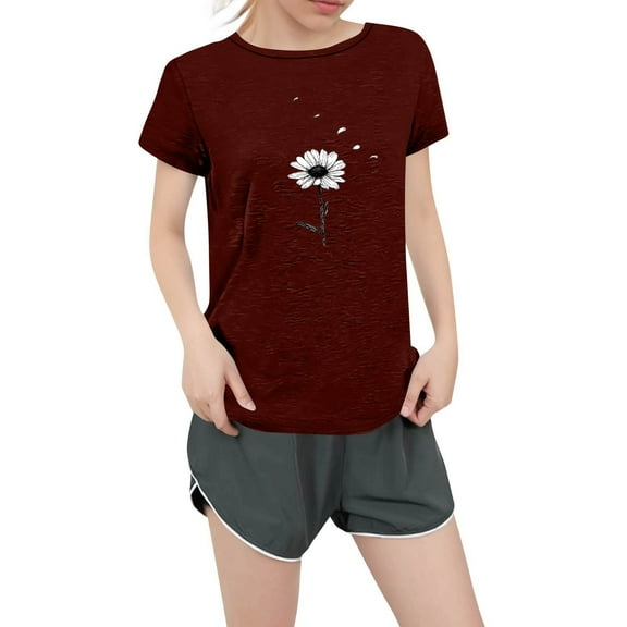 NAMTYQX Cute Shirts for Women Plus Size Muster Short Sleeve Breathable Boxy Fit Stretch Cute Crew Neck Printed Women's T-Shirts Wine Size S