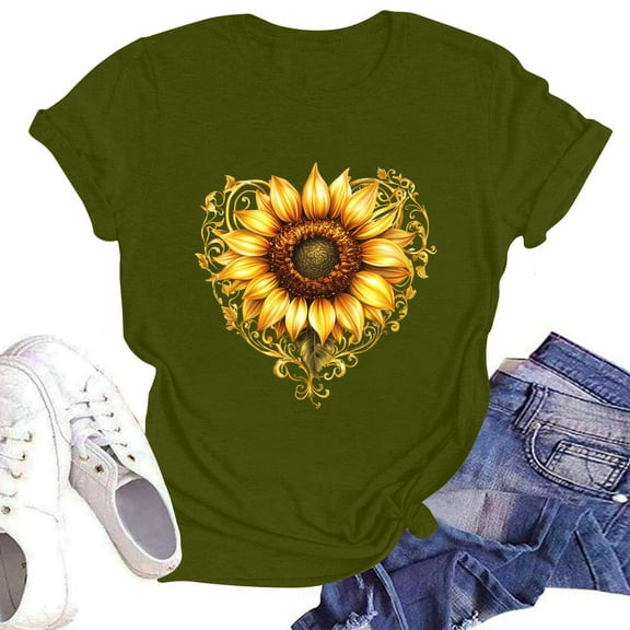 NAMTYQX Cute Shirts for Women Short Sleeve Plus Size Print Breathable Baggy Light Grafisches Crewneck Classic Casual Tops for Women Army Green Size S