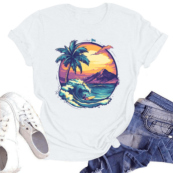 NAMTYQX Cute Summer Tops for Women Baggys Short Sleeve Plus Size Casual Stretch Crewneck Gemustertes Patterned Cool Summer Tops for Women 2025 White Size L