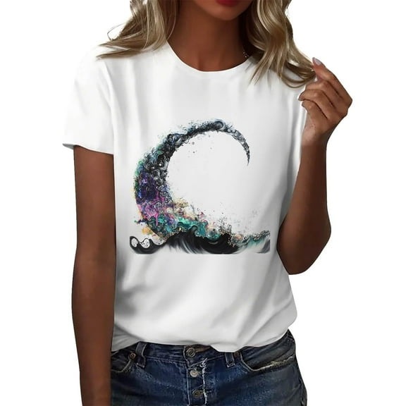 NAMTYQX Cute Summer Tops for Women Short Sleeve Crewneck Muster Graphic Baggy Lightweight Trendy Soft Plus Size Shirts for Teens Girls Multicolor Size 2XL