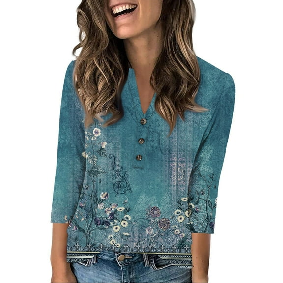 NAMTYQX Cute Summer Tops for Women 3/4 Sleeve Button V Neck Loose Trendy 3/4 Sleeve Blouses for Women Blue Size 2XL