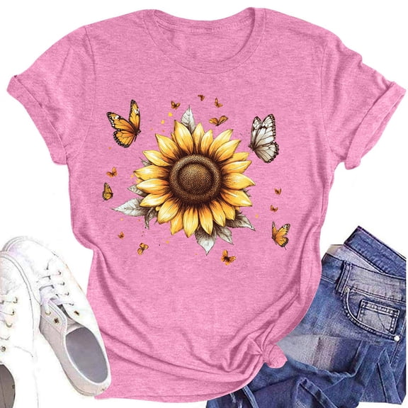 NAMTYQX Cute Summer Tops for Women Round Neck Short Sleeve Stretch Oversized Loose Fitting Print Classic Cool Gemusterte Womens Blouses Pink Size L