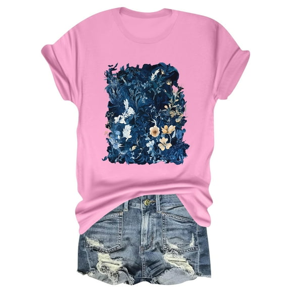 NAMTYQX Cute Summer Tops for Women Short Sleeve Crewneck Cute Baggy Lightweight Patterned Cool Pattern Plus Size Tops for Women 2025 Pink Size 2XL
