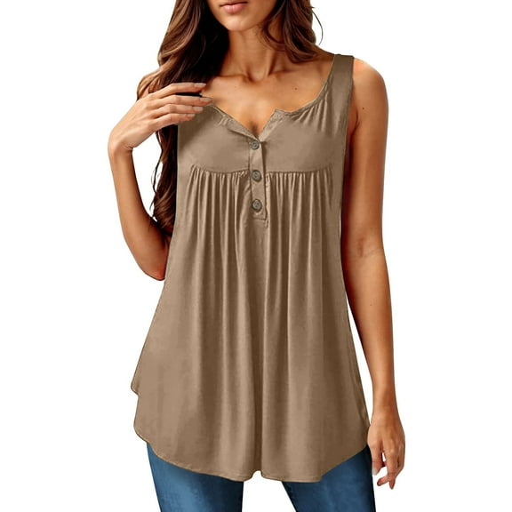 NAMTYQX Cute Summer Tops for Women Stylish Patterned Casual Loose Fit Sleeveless Ruffle Button V Neck Tops for Women 2025 Khaki Size 4XL