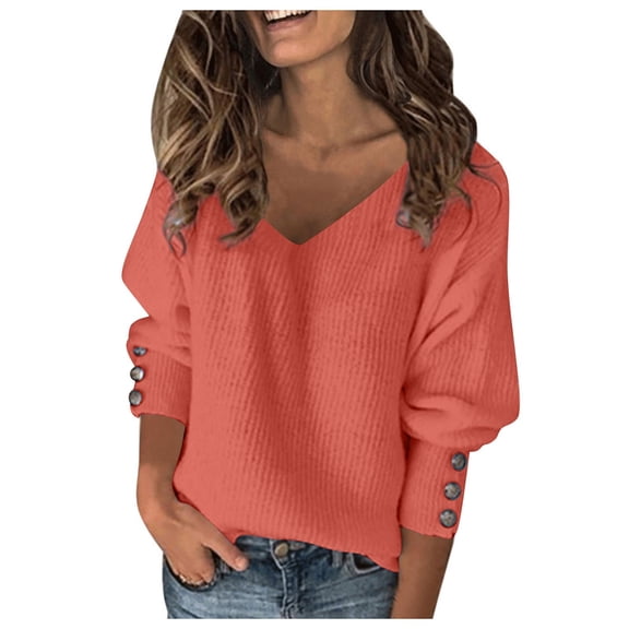 NAMTYQX Cute Sweaters for Women Womens Pullover Sweaters Boxy Fit V Neck Solid Color Long-Sleeved Warm Knit Trendy Vermilion Size S