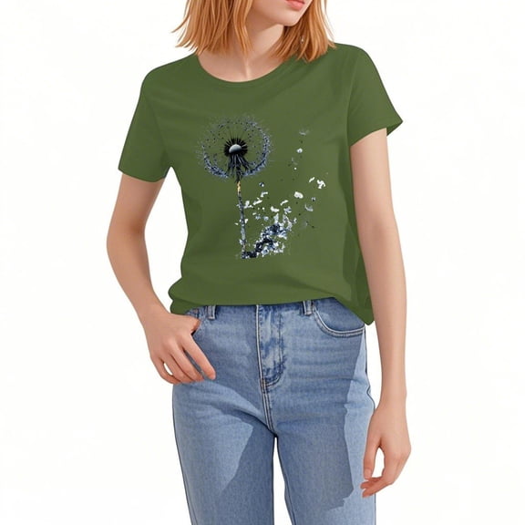 NAMTYQX Cute Tops for Teen Girls Pattern Crewneck Cool Plus Size Short Sleeve Mit Print Stretch Loose Fashion Womens Tshirts Cotton Loose Fit Army Green Size M