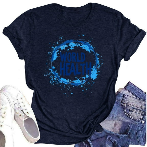 NAMTYQX Cute Tops for Teen Girls Classic Breathable Crew Neck Print Short Sleeve Bedrucken Light Loose Plus Size Womens Blouses Navy Size L