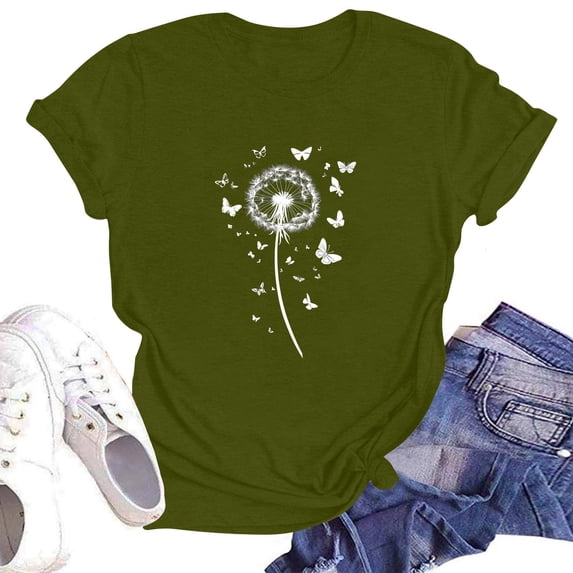 NAMTYQX Cute Tops for Teen Girls Cool Bedrucken Short Sleeve Pattern Stretchy Loose Plus Size Crewneck Lounge Cute Tops for Women Army Green Size L