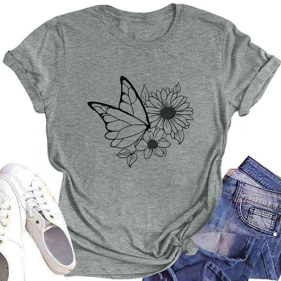 NAMTYQX Cute Tops for Teen Girls Fashion Airoft Short Sleeve Crewneck Gemusterte Loose Plus Size Stretch Graphic Womens Tops Casual Light Gray Size M