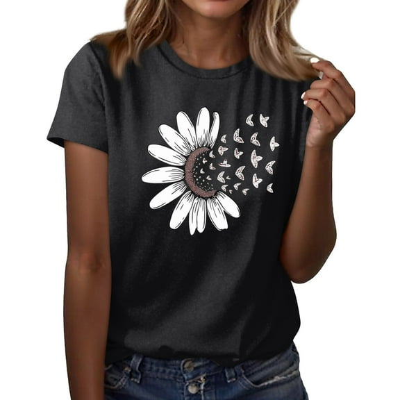 NAMTYQX Cute Tops for Teen Girls Plus Size Short Sleeve Looses Light Crewneck Soft Stylish Gemusterte Print Summer Tops for Women 2025 Black Size XL