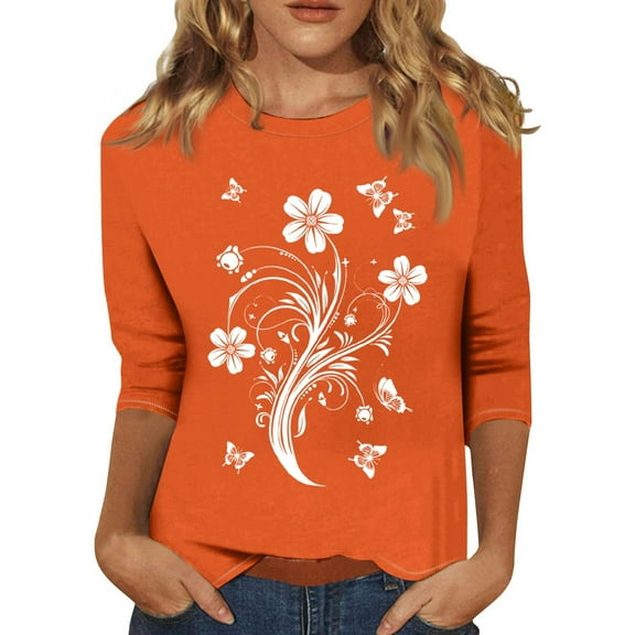 NAMTYQX Cute Tops for Women Casual Boxy Fit 3/4 Sleeve Saffron Size XL