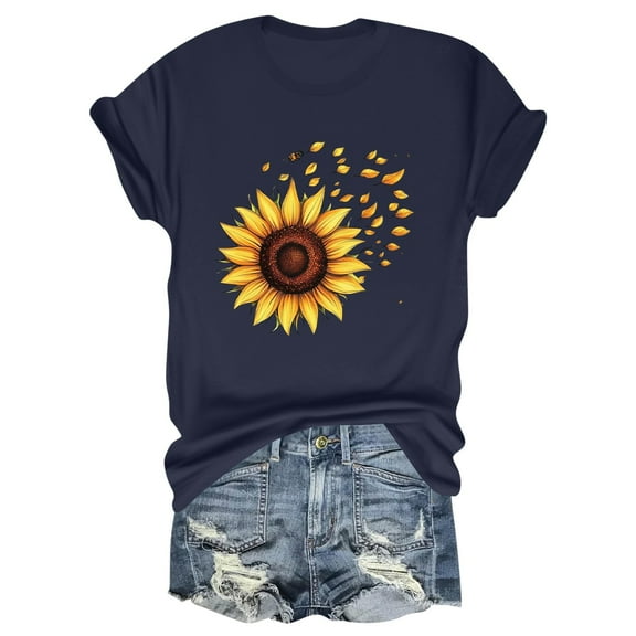 NAMTYQX Cute Tops for Women Crew Neck Short Sleeve Cool Loose Casual Pattern Plus Size Stretchy Grafisches Women's Blouses Navy Size L