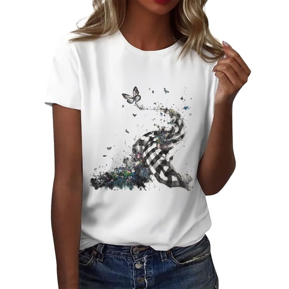 NAMTYQX Womens Spring Tops 2025 Plus Size Softest Trendy Patterns Comfy Crew Neck Basic Short Sleeve Lightweight Gray Size L