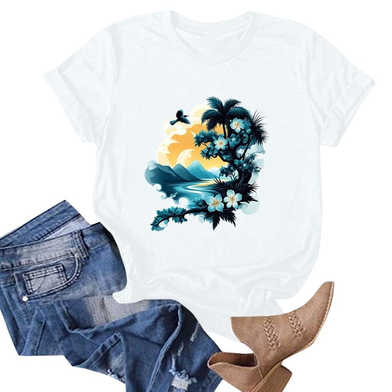 NAMTYQX Cute Tops for Women Fashion Breathable Short Sleeve Bedruckt Loose Fit Crewneck Plus Size Light Graphic Women's Summer Tops White Size XL