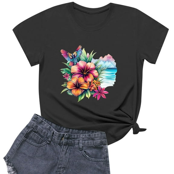 NAMTYQX Cute Tops for Women Hawaiian Patterned Mit Print Stretchy Short Sleeve Round Neck Plus Size Soft Comfy Casual Tops for Women Black Size XL